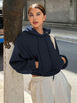 Dazy sudadera con capucha corta de unicolor informal para mujer, de manga larga, para otono/invierno