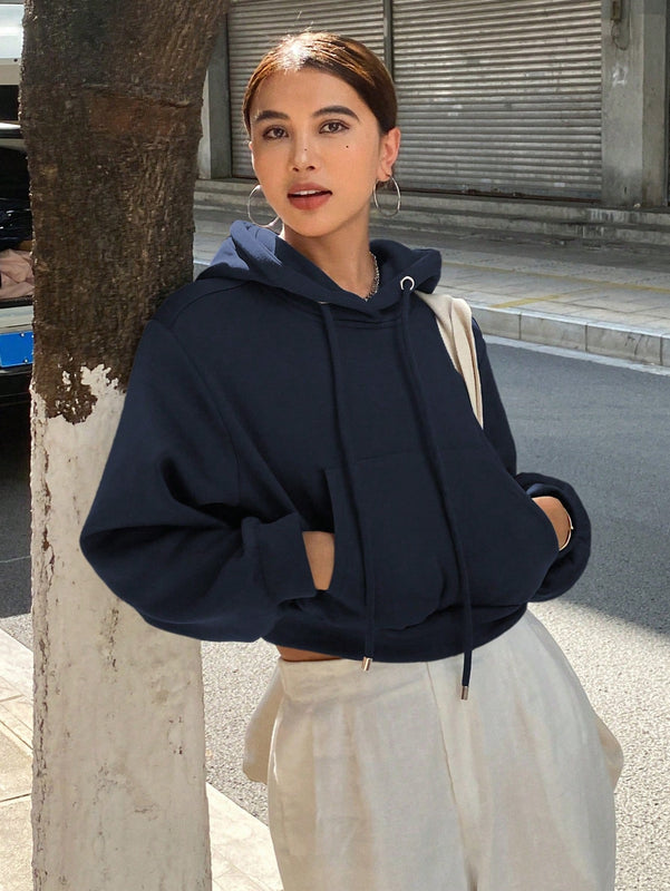 Dazy sudadera con capucha corta de unicolor informal para mujer, de manga larga, para otono/invierno
