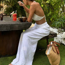 Dazy pantalones anchos de pierna recta de lino para mujer, con cintura con cordon, pantalones rectos casuales, para otono