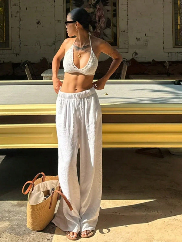 Dazy pantalones anchos de pierna recta de lino para mujer, con cintura con cordon, pantalones rectos casuales, para otono