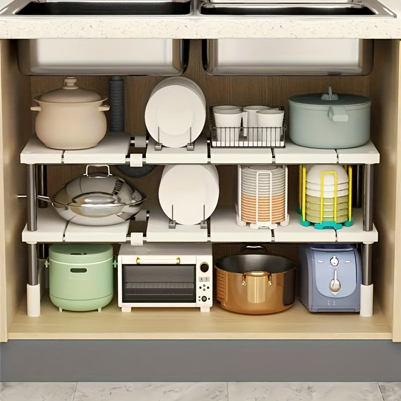 Organizador Ajustable y Versátil para Debajo del Fregadero - Acero Inoxidable y Plástico, Estante de Almacenamiento Multinivel para Armarios de Cocina y Baño, Diseño que Ahorra Espacio