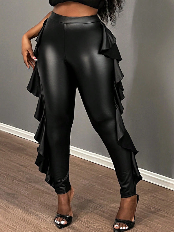 Slayr pantalones casuales con panel de piel sintetica, dobladillo fruncido, unicolor para mujer