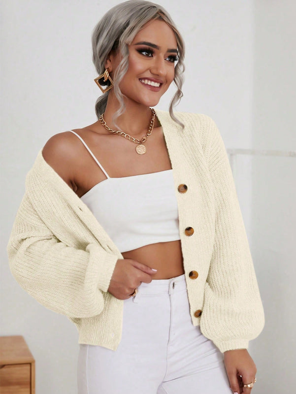 Frenchy cardigan de punto de manga larga, unicolor, con escote en v y botones frontales, versatil y casual