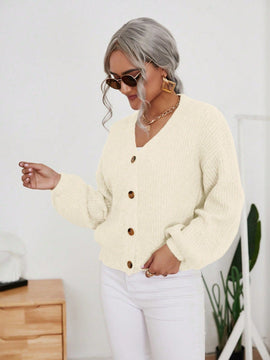 Frenchy cardigan de punto de manga larga, unicolor, con escote en v y botones frontales, versatil y casual