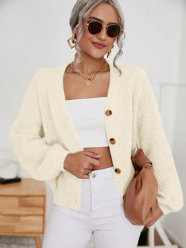 Frenchy cardigan de punto de manga larga, unicolor, con escote en v y botones frontales, versatil y casual