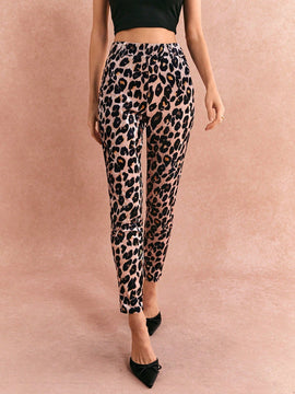 Poeselle pantalones casuales rectos con bolsillos y estampado de leopardo para mujer