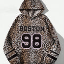 Muchic sudadera con capucha con estampado de leopardo minimalista informal, impreso en toda la prenda, otono invierno
