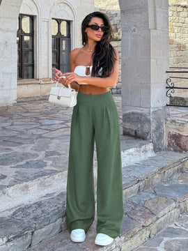 Pantalones casuales anchos de pierna ancha con cintura alta y pliegues para mujeres