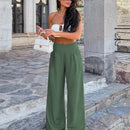 Pantalones anchos de lino solido para mujer