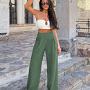 Pantalones anchos de lino solido para mujer