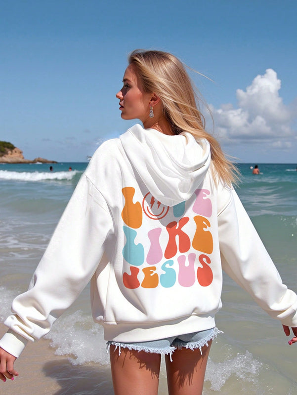 Ezwear sudadera holgada con capucha y estampado grafico cristiano "amar como jesus" con cara sonriente y texto para mujer