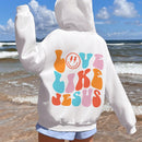 Ezwear sudadera holgada con capucha y estampado grafico cristiano "amar como jesus" con cara sonriente y texto para mujer