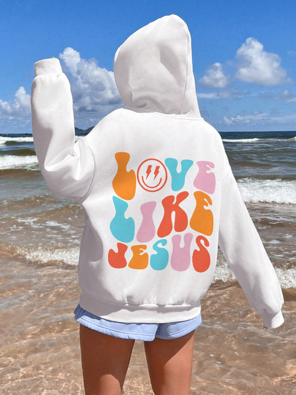 Ezwear sudadera holgada con capucha y estampado grafico cristiano "amar como jesus" con cara sonriente y texto para mujer
