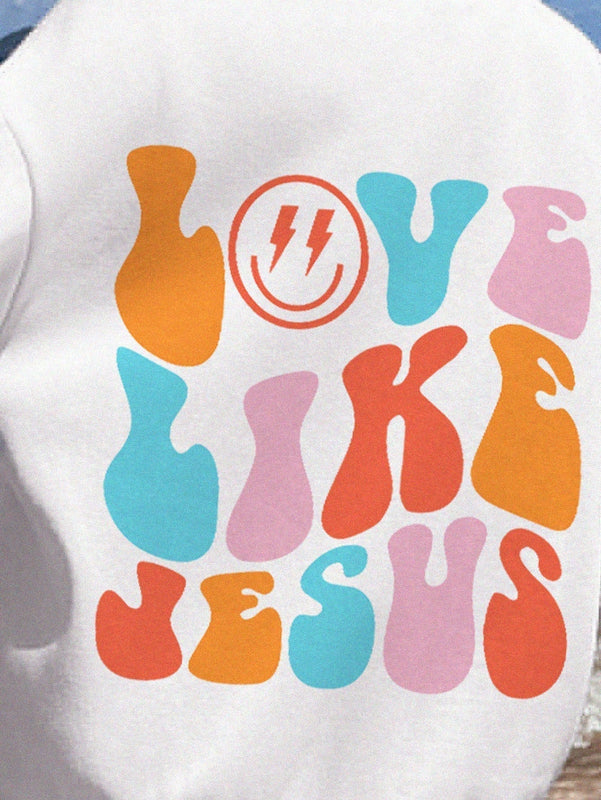 Ezwear sudadera holgada con capucha y estampado grafico cristiano "amar como jesus" con cara sonriente y texto para mujer