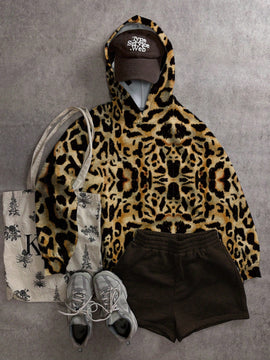 Muchic sudadera con capucha con estampado de leopardo minimalista informal, impreso en toda la prenda, otono invierno