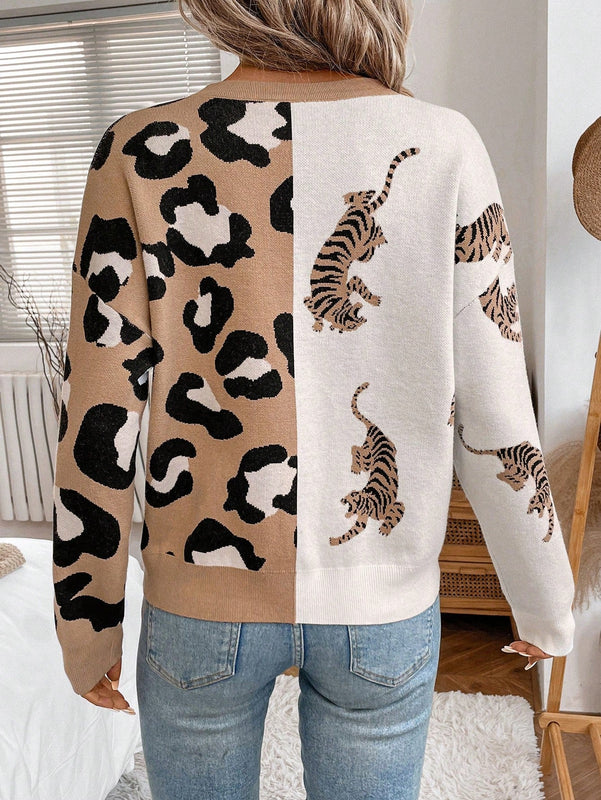 Lune cardigan de manga larga casual con estampado de leopardo y tigre para mujer, tejido basico para uso diario, otono/invierno