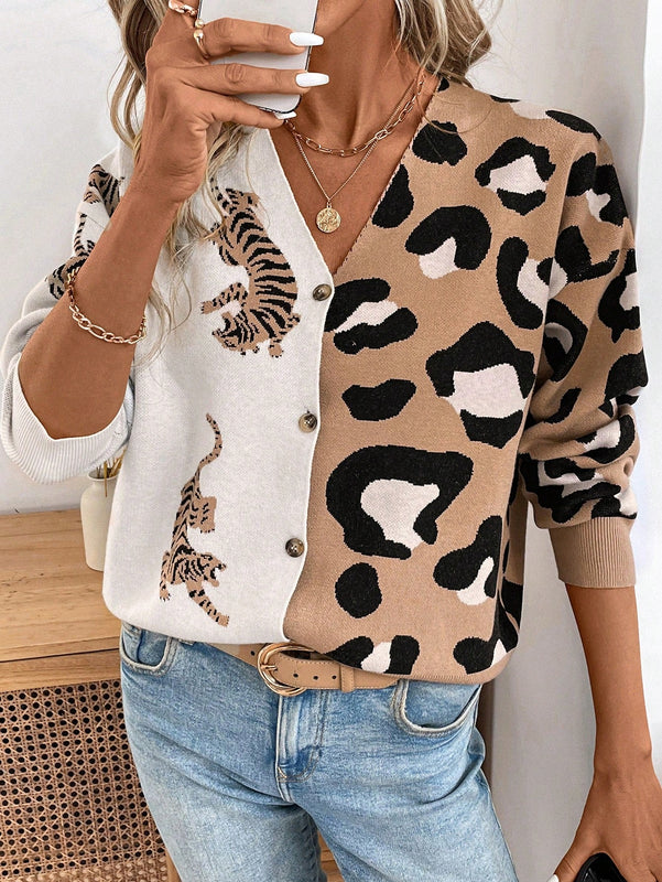 Lune cardigan de manga larga casual con estampado de leopardo y tigre para mujer, tejido basico para uso diario, otono/invierno