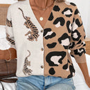 Lune cardigan de manga larga casual con estampado de leopardo y tigre para mujer, tejido basico para uso diario, otono/invierno