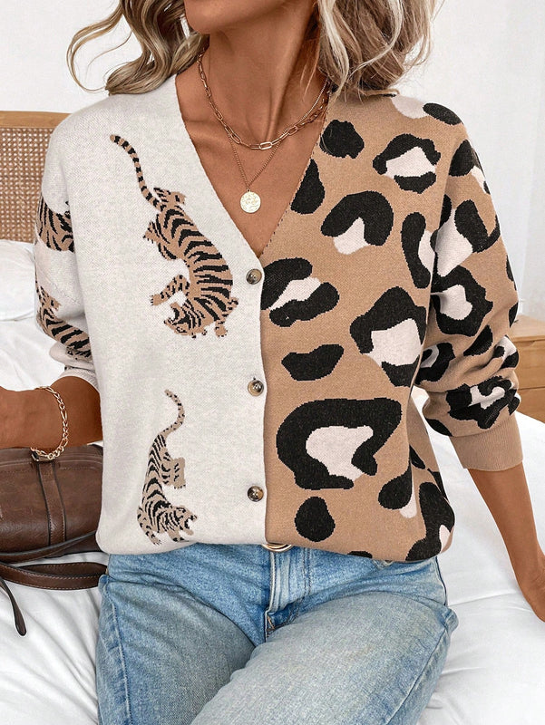 Lune cardigan de manga larga casual con estampado de leopardo y tigre para mujer, tejido basico para uso diario, otono/invierno