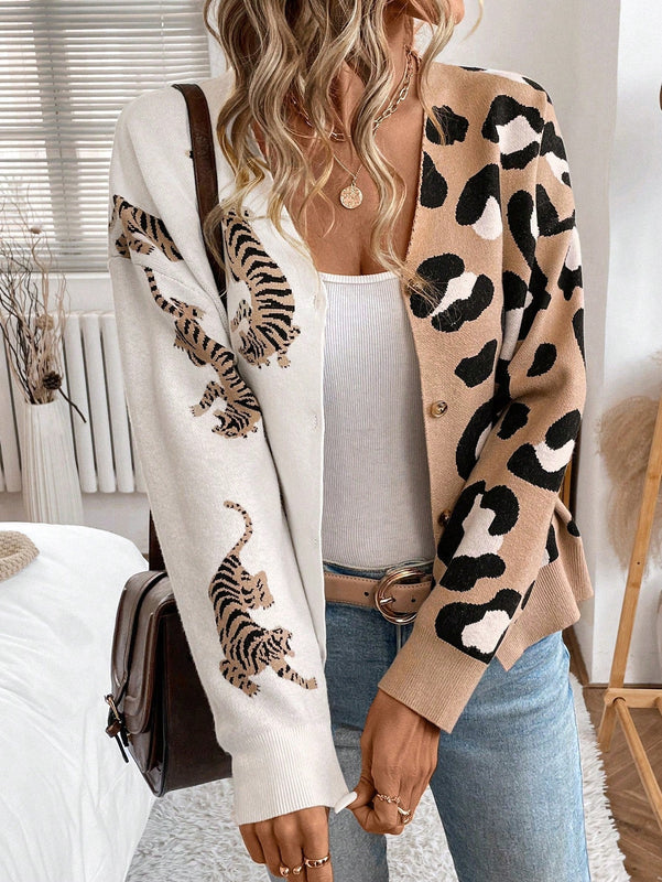 Lune cardigan de manga larga casual con estampado de leopardo y tigre para mujer, tejido basico para uso diario, otono/invierno
