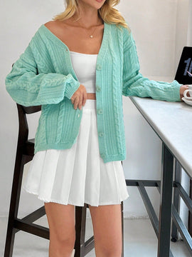 Cardigan holgado de punto de unicolor y trenzado informal para mujer