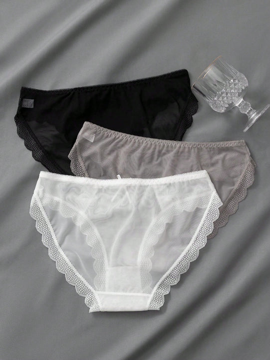 3 piezas de ropa interior de encaje para mujer, pantalones comodos, suaves y transpirables de cintura media