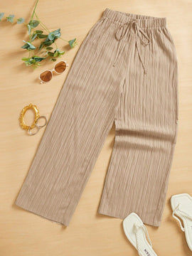 Essnce pantalones casuales de pernera ancha de 7/8 con textura y cintura anudada de unicolor para mujer