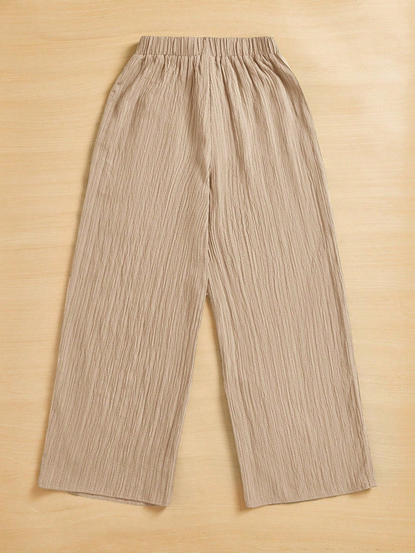 Essnce pantalones casuales de pernera ancha de 7/8 con textura y cintura anudada de unicolor para mujer