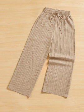 Essnce pantalones casuales de pernera ancha de 7/8 con textura y cintura anudada de unicolor para mujer