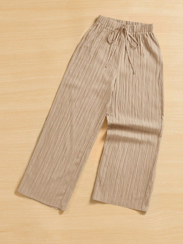 Essnce pantalones casuales de pernera ancha de 7/8 con textura y cintura anudada de unicolor para mujer