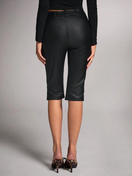 Bae pantalones ajustados a media pierna de color negro solido, versatiles, para uso casual/fiesta nocturna/ropa de calle, con botones y bolsillo, y bajo con abertura, de twill recubierto y con estilo