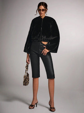 Bae pantalones ajustados a media pierna de color negro solido, versatiles, para uso casual/fiesta nocturna/ropa de calle, con botones y bolsillo, y bajo con abertura, de twill recubierto y con estilo