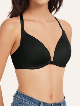 1 pieza sujetador con cierre delantero sexy, con relleno y efecto pushup, con tirantes ajustables, lenceria comoda y transpirable de encaje con espalda de tirantes cruzados para mujer