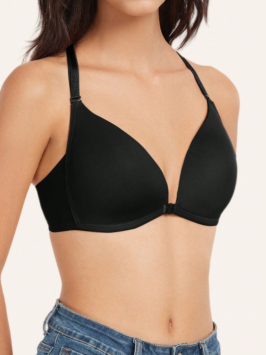 1 pieza sujetador con cierre delantero sexy, con relleno y efecto pushup, con tirantes ajustables, lenceria comoda y transpirable de encaje con espalda de tirantes cruzados para mujer