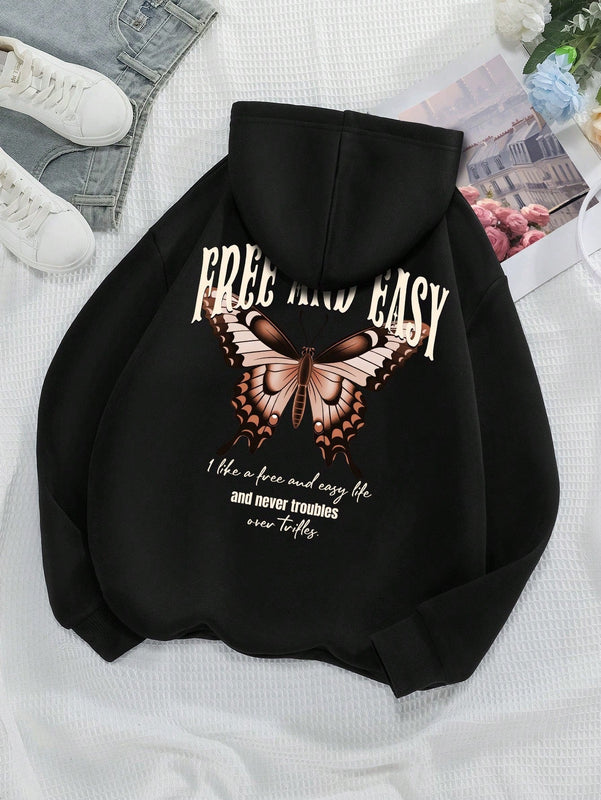 Ezwear sudadera con capucha casual de mujer con estampado de lema de mariposa, otono/invierno