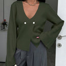 Cardigan de mujer de unicolor con cuello en v, botones delanteros y hombros caidos