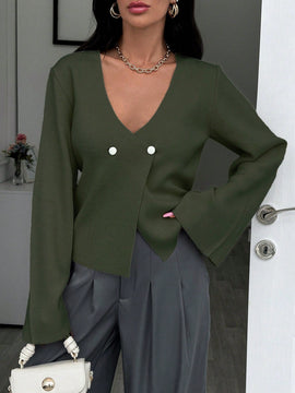 Cardigan de mujer de unicolor con cuello en v, botones delanteros y hombros caidos
