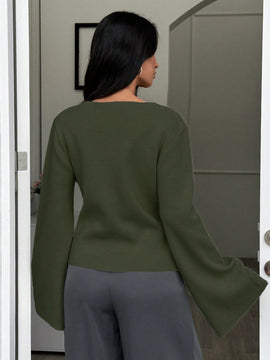 Cardigan de mujer de unicolor con cuello en v, botones delanteros y hombros caidos