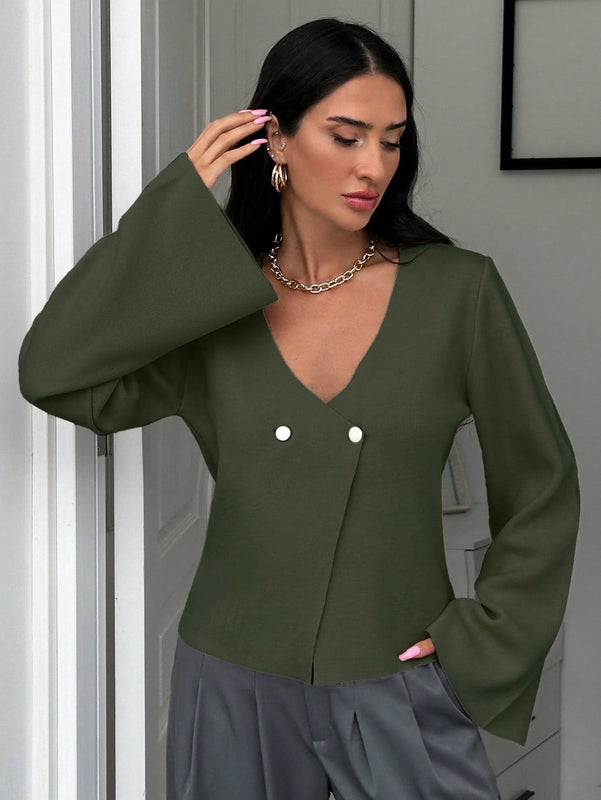 Cardigan de mujer de unicolor con cuello en v, botones delanteros y hombros caidos
