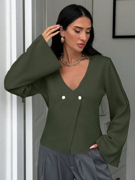 Cardigan de mujer de unicolor, con cuello en v, abotonadura delante y hombros caidos