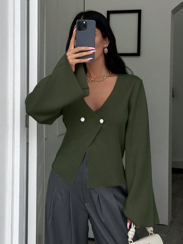 Cardigan de mujer de unicolor, con cuello en v, abotonadura delante y hombros caidos