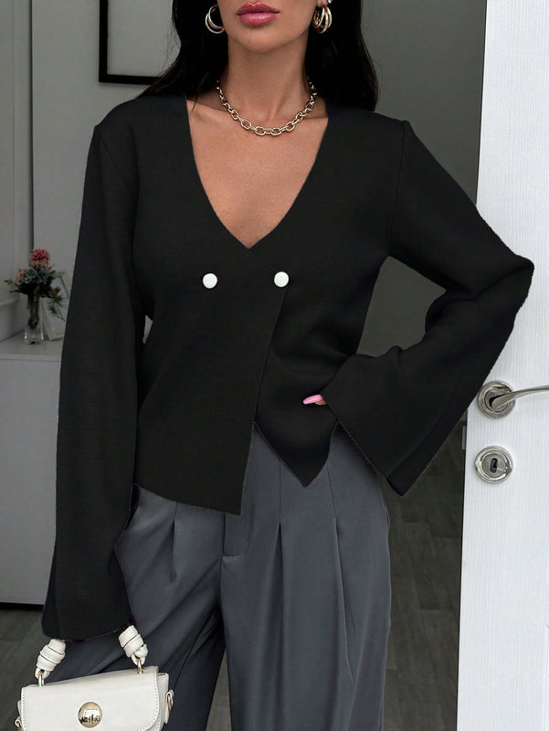 Cardigan de mujer de unicolor con cuello en v, botones delanteros y hombros caidos