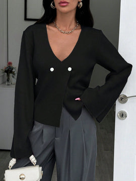 Cardigan de mujer de unicolor, con cuello en v, abotonadura delante y hombros caidos