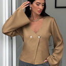 Cardigan de mujer de unicolor con cuello en v, botones delanteros y hombros caidos