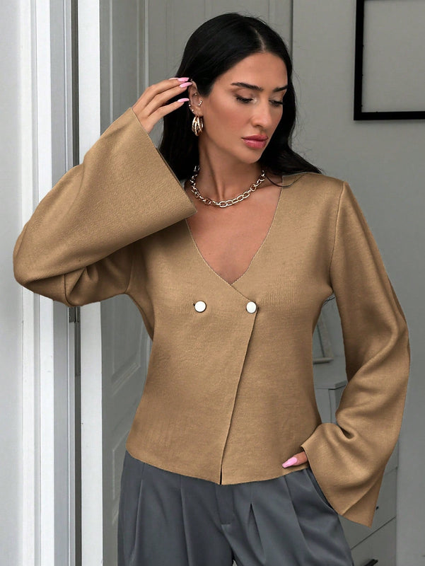 Cardigan de mujer de unicolor con cuello en v, botones delanteros y hombros caidos