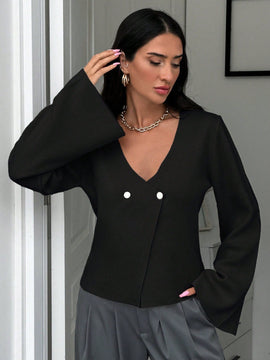 Cardigan de mujer de unicolor, con cuello en v, abotonadura delante y hombros caidos
