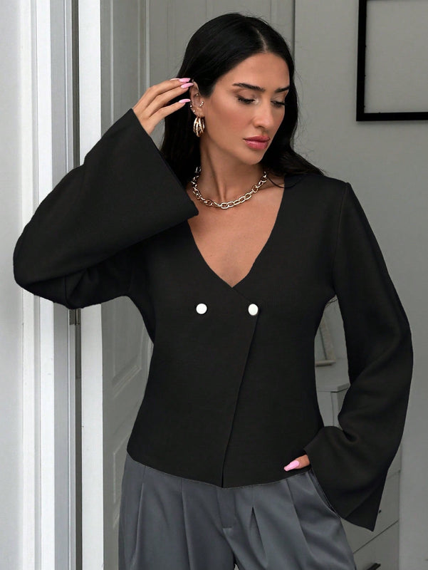 Cardigan de mujer de unicolor, con cuello en v, abotonadura delante y hombros caidos