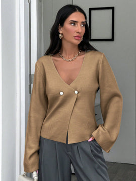 Cardigan de mujer de unicolor, con cuello en v, abotonadura delante y hombros caidos