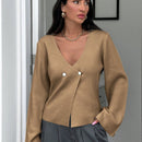 Cardigan de mujer de unicolor con cuello en v, botones delanteros y hombros caidos