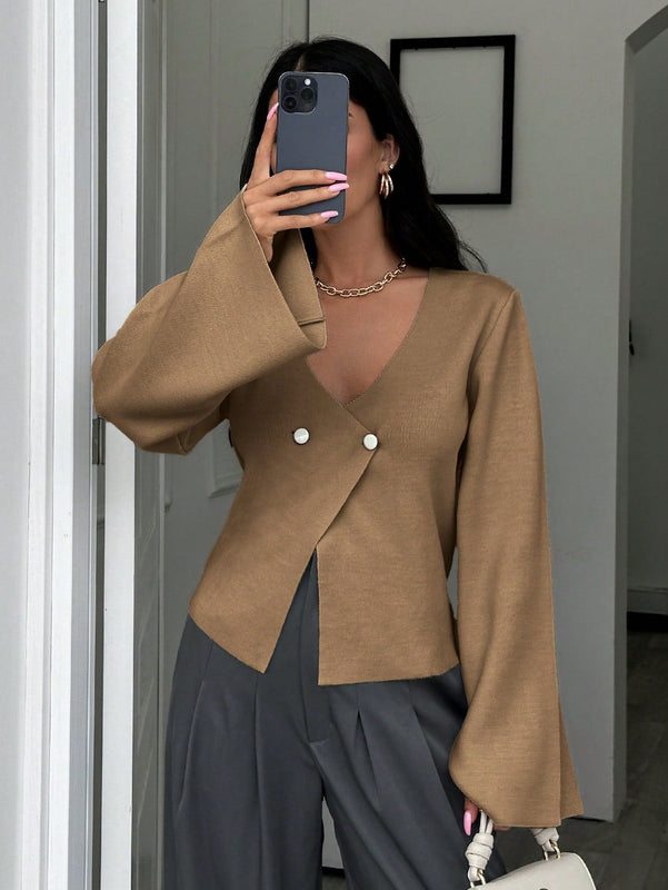 Cardigan de mujer de unicolor con cuello en v, botones delanteros y hombros caidos